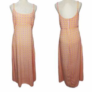 VINTAGE 70s maxi dress‎ pink plaid spaghetti strap rayon S